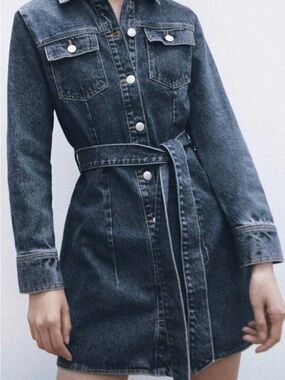 ZARA Indigo Denim Tie-Waist Shirt Dress